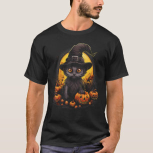 Camiseta Gato Preto de Halloween Abóbora Lua Bruxa Chapéu A