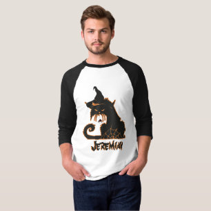 Camiseta Gato Preto de Halloween Aranhas Assustadoras