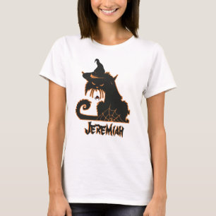 Camiseta Gato Preto de Halloween Bruxa Aranhas Assustadoras