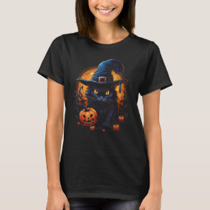 Camiseta Gato Preto de Halloween Bruxa Chapéu Abóbora Lua S