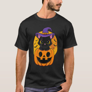Camiseta Gato Preto de Halloween Chapéu de Bruxa Abóbora Pa
