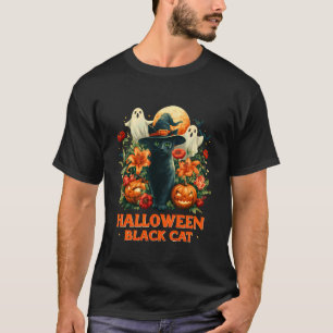 Camiseta Gato Preto de Halloween com Chapéu de Bruxa e Flor