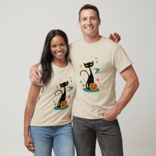 Camiseta Gato Preto de Halloween em Estilo de Meados do Séc