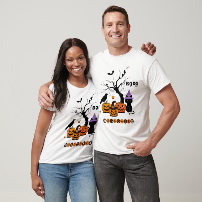 Camiseta Gato Preto de Halloween Fofo com Abóboras (Unissex)