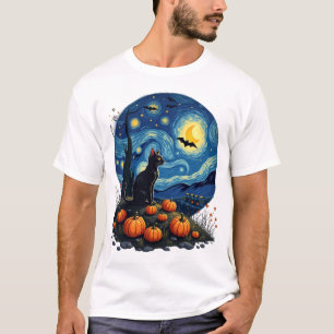 Camiseta Gato Preto de Halloween Gato Noite Estrelada Amant