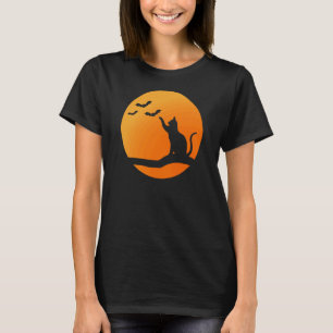 Camiseta Gato Preto de Halloween Laranja Lua Cheia e Morceg
