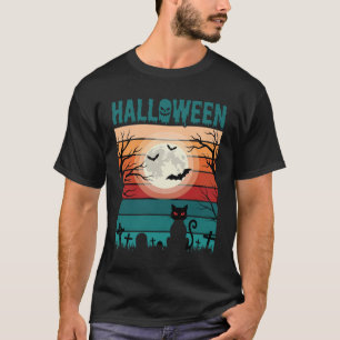 Camiseta Gato Preto De Halloween Lua Cemitério Retro Vetor