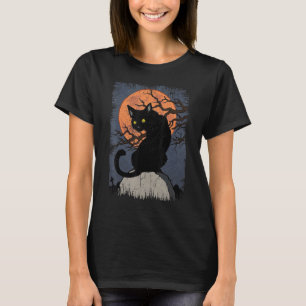 Camiseta Gato Preto de Halloween Lua Vermelha Gato Preto As