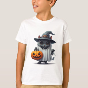 Camiseta Gato Preto de Halloween Segurando Acento de Abóbor