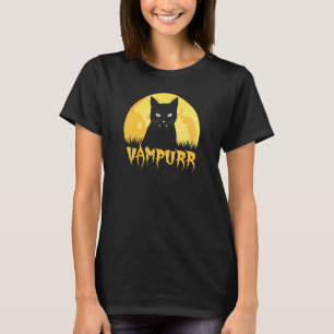 Camiseta Gato Preto de Halloween Vampiro Amarelo Lua Cheia
