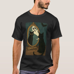 Camiseta Gato Preto de Halloween Vintage Fantasma no Espelh