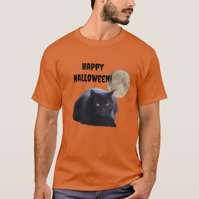 Camiseta Gato Preto de Lua Completa do Halloween (Frente)