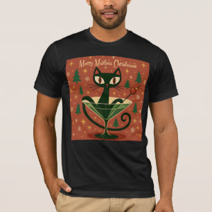 Camiseta Gato Preto de Meados do Século Feliz Martini Natal