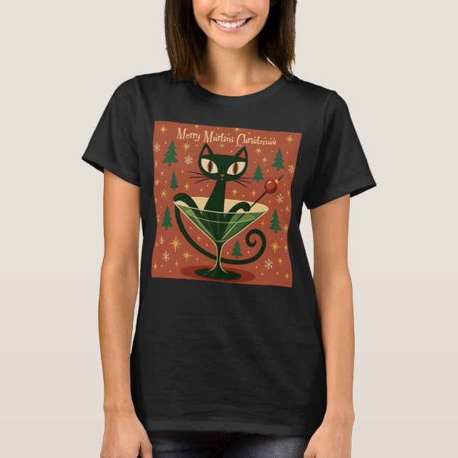 Camiseta Gato Preto de Meados do Século Natal Merry Martini (Frente)