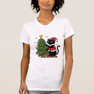 Camiseta Gato Preto de Natal Chapéu de Papai Noel Árvore Ra