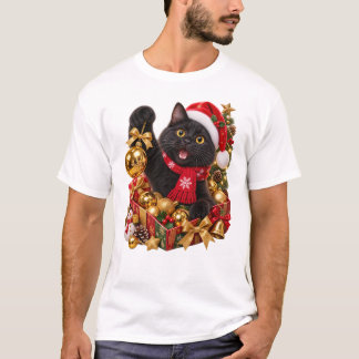 Camiseta Gato Preto de Natal Com Enfeites Dourados