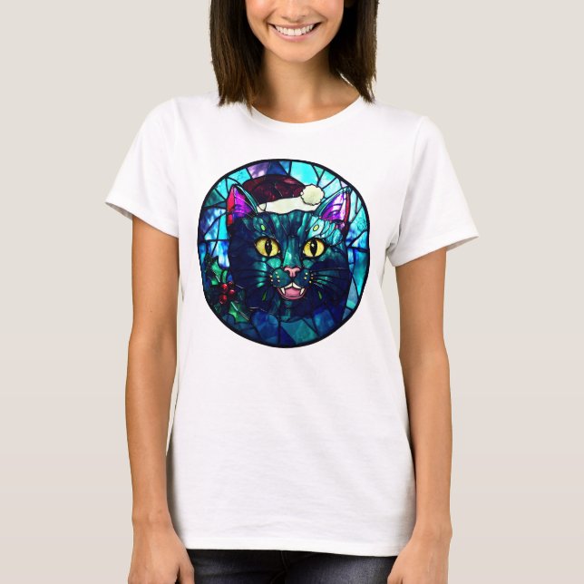 Camiseta Gato Preto de Natal com Vitral Miando (Frente)