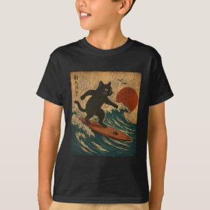 Camiseta Gato Preto de Surf no Estilo de Arte Japonês Distr