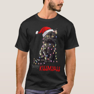 Camiseta Gato Preto Divertido Beijo Feliz Natal Roupas de N