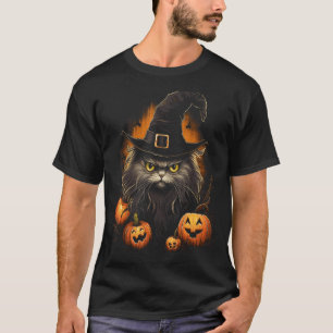 Camiseta Gato Preto do Dia das Bruxas Abóbora Chapéu de Bru