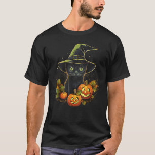 Camiseta Gato Preto do Dia das Bruxas Chapéu de Bruxa Abóbo