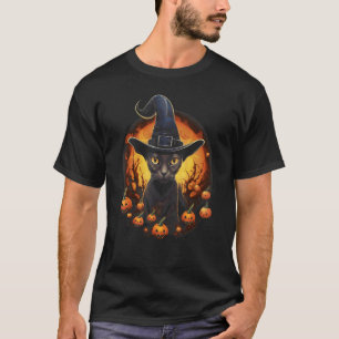 Camiseta Gato Preto do Dia das Bruxas Chapéu de Bruxa Abóbo
