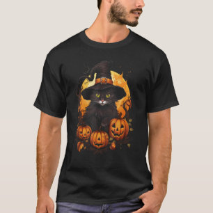 Camiseta Gato Preto do Dia das Bruxas Chapéu de Bruxa Abóbo