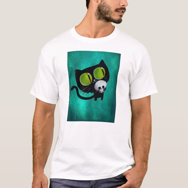 Camiseta Gato preto do Dia das Bruxas com crânio (Frente)