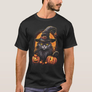 Camiseta Gato Preto do Dia das Bruxas Gráfico de Chapéu de
