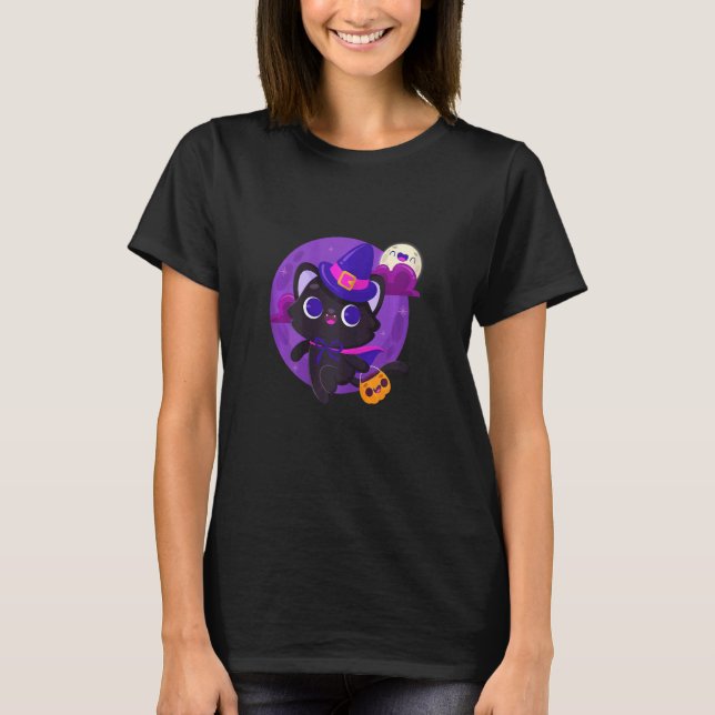 Camiseta Gato Preto do Dia das Bruxas Hocus Pocus Lua Fofa  (Frente)