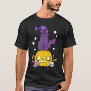 Camiseta Gato Preto do Halloween Chapéu de Bruxa Abóbora Pa