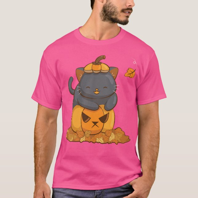 Camiseta Gato Preto Do Halloween Na Pedra De Abóbora (Frente)