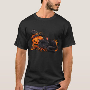 Camiseta Gato Preto Dormindo ao Lado de Abóbora de Hallowee