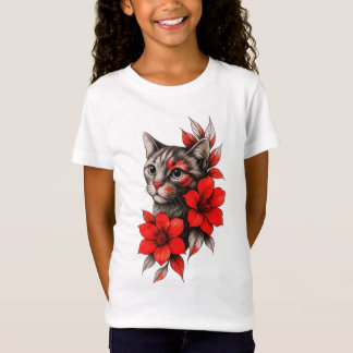 Camiseta Gato Preto e Branco com Flores Vermelhas Vibrantes