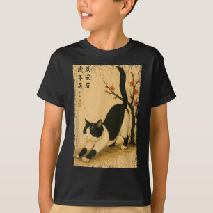 Camiseta Gato preto e branco flor japonesa japão kanji