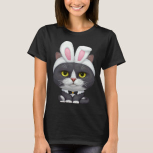 Camiseta Gato Preto e Branco no Traje de Coelho da Páscoa
