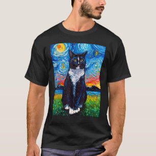 Camiseta Gato Preto e Branco Tuxedo Arte da Noite Estrelada