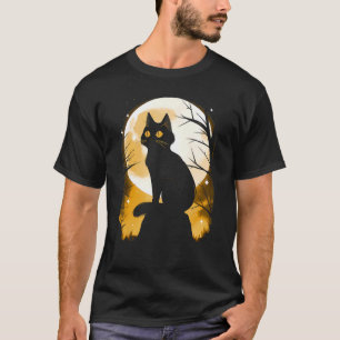 Camiseta Gato Preto e Lua Cheia Laranja Fantasia Fácil de H