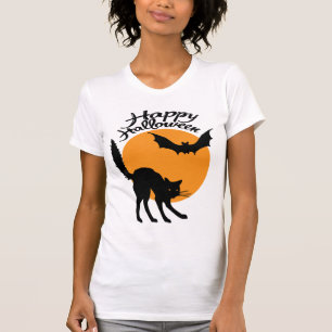 Camiseta Gato preto e morcego de Halloween com lua, hallowe