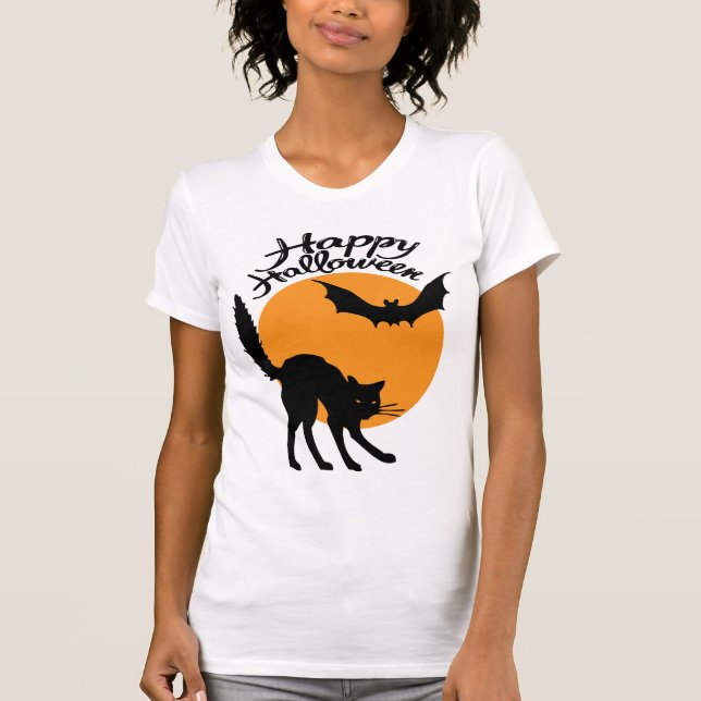 Camiseta Gato preto e morcego de Halloween com lua, hallowe (Frente)