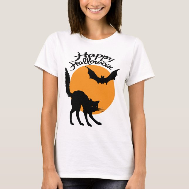 Camiseta Gato preto e morcego de Halloween com lua, hallowe (Frente)