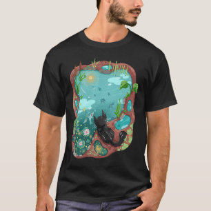 Camiseta Gato Preto e Surrealismo Lago de Koi Céu Noturno Á