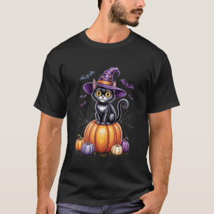 Camiseta Gato Preto em Abóbora com Chapéu de Bruxa Hallowee