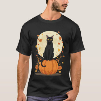 Camiseta Gato Preto em Abóbora Outono Halloween Design para