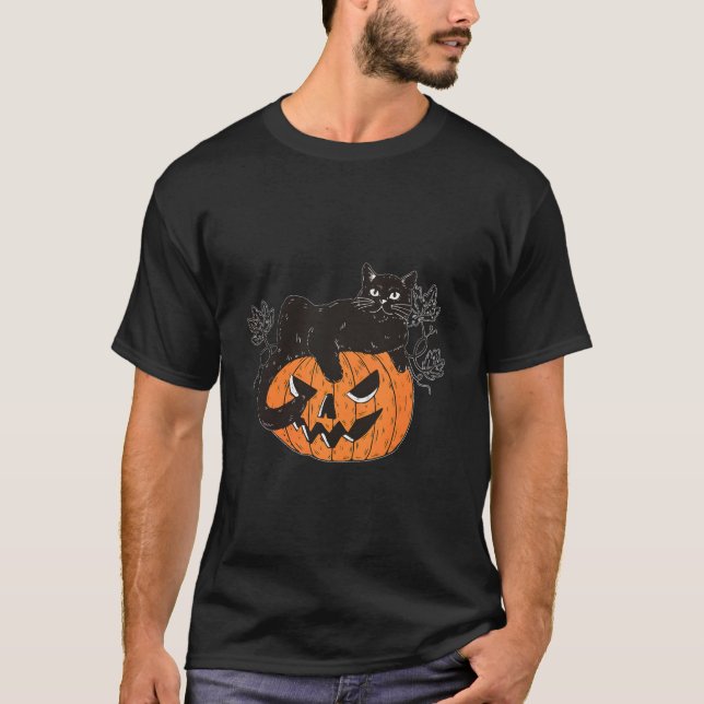 Camiseta Gato Preto em Abóbora para Halloween de Gato (Frente)