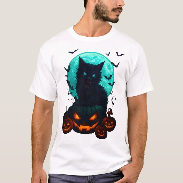 Camiseta Gato Preto em Abóboras sob Lua Cheia – Metade Assu (Frente)