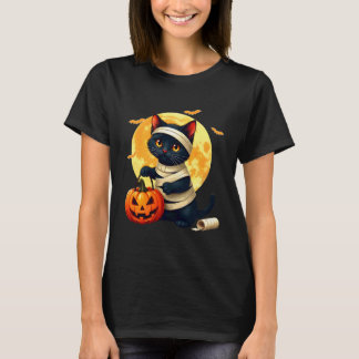Camiseta Gato Preto em Fantasia de Múmia & Abóboras Dia das