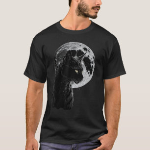 Camiseta Gato Preto em Frente à Lua Cheia, Arte de Animal d