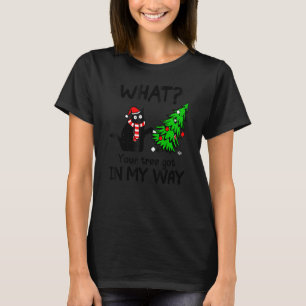 Camiseta Gato Preto Empurrando Árvore de Natal Sobre Gato O