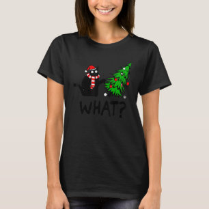 Camiseta Gato Preto Empurrando Árvore de Natal Sobre Gato O